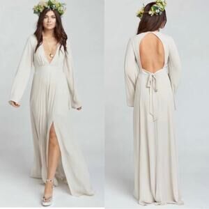 show me your mumu venus long sleeve flare maxi dress taupe chiffon small